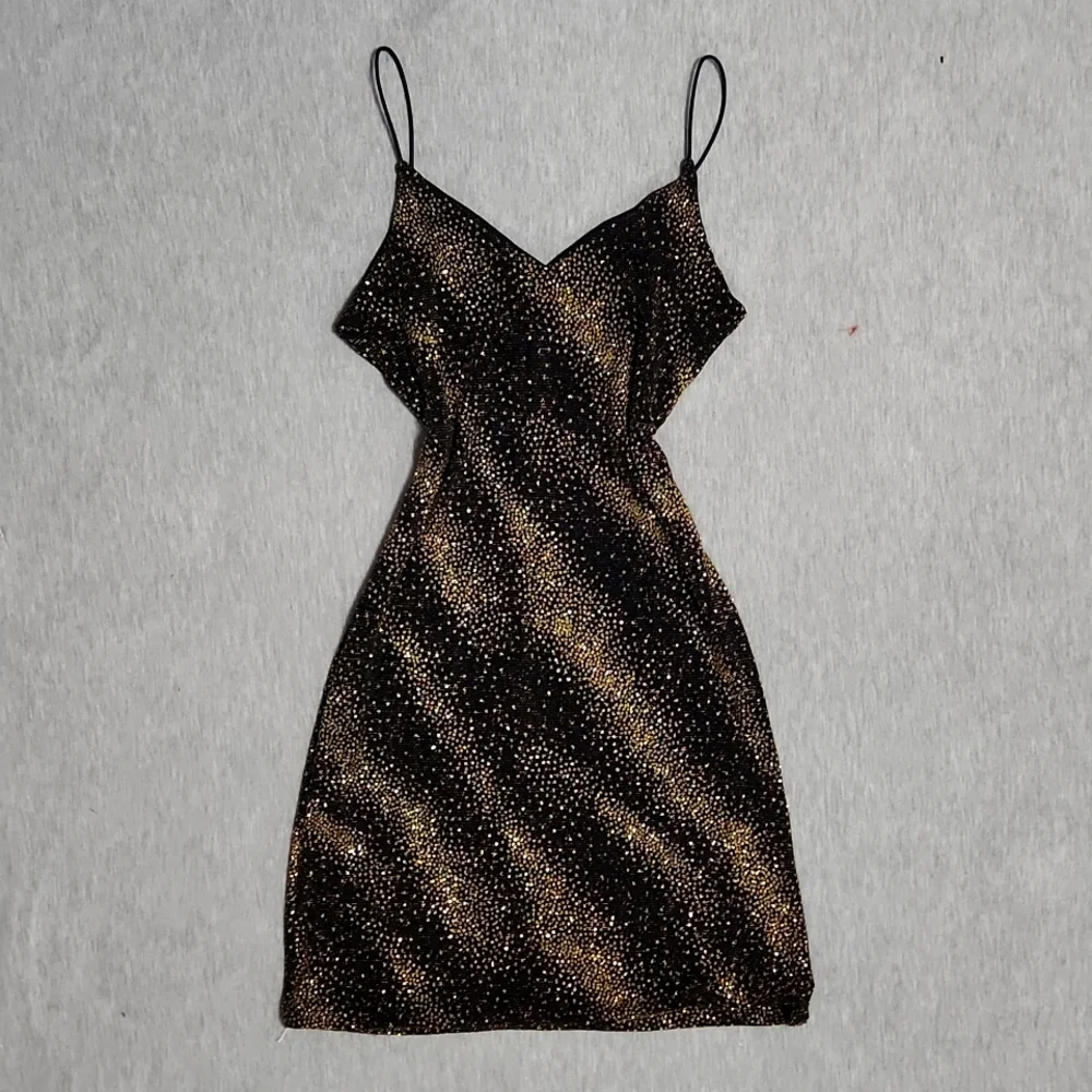 Vintage Sparkly Mini Little Black Party Spaghetti Strap Tank Dress - Picture 3 of 11
